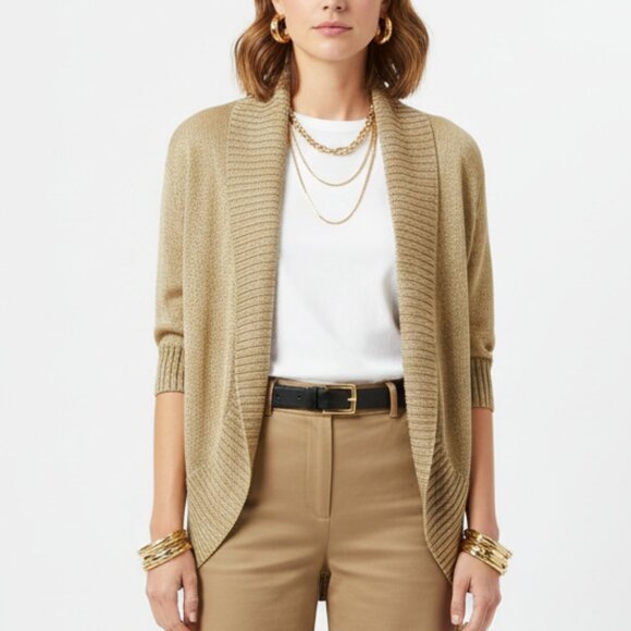 Kenneth Cole Gold Metallic Open Front Cropped Knit Sweater L Large NEW - Picture 1 of 6